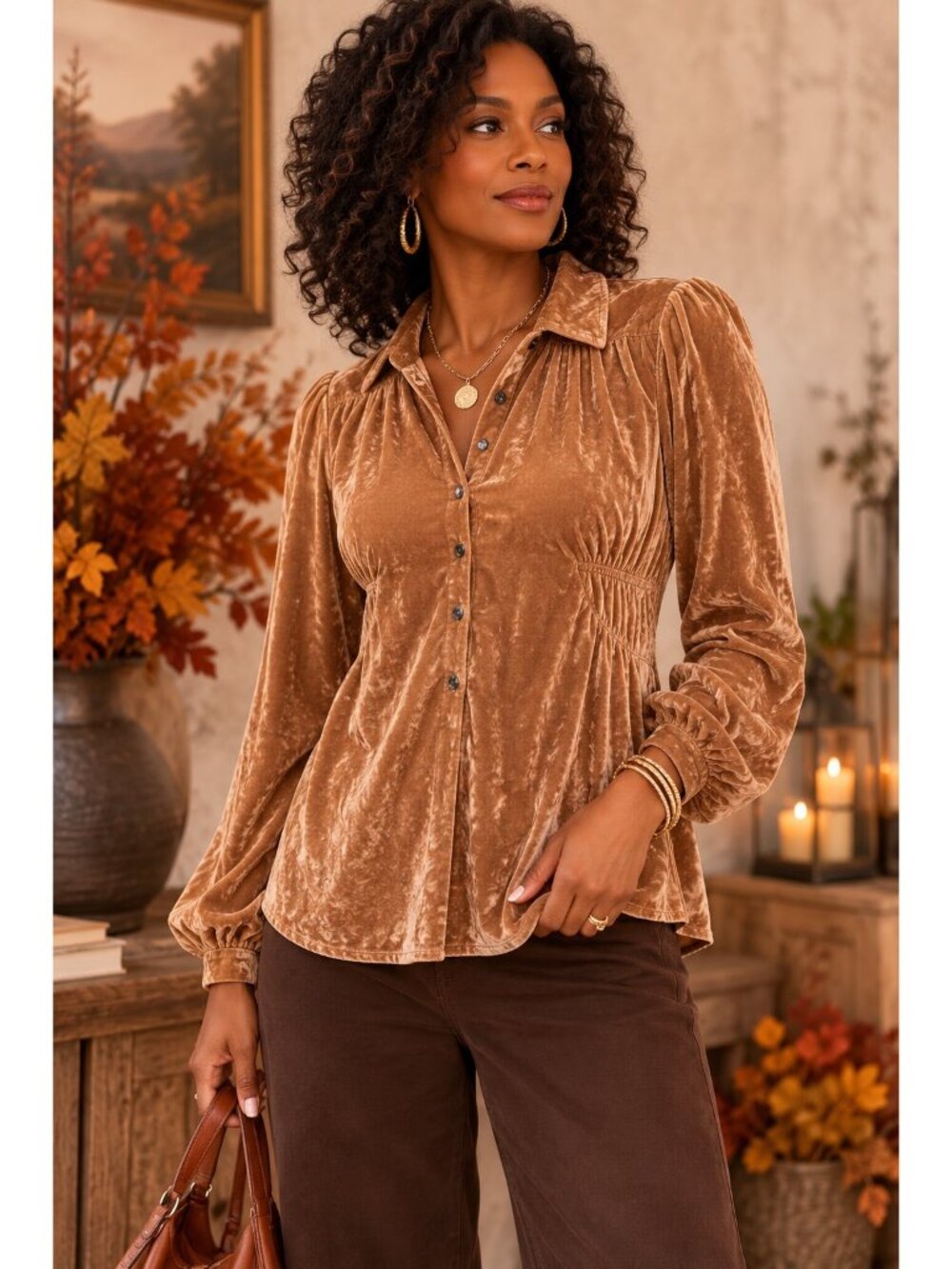 J.Jill Crushed Velvet Blouse Women’s M Taupe Button Front Long Sleeve Boho Chic
